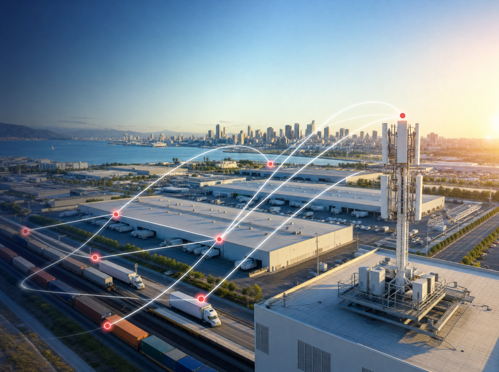 A daylight aerial view of a logistics campus and city skyline linked by a cellular tower's positioning network